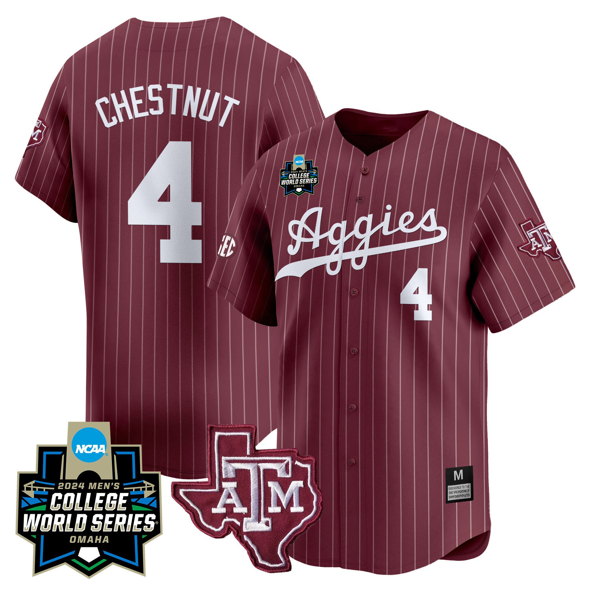 Men Texas A&M Aggies #4 Chestnut Red Stripe 2024 College World Series Vapor Premier Limited NCAA Jersey